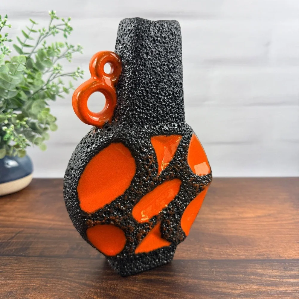 Roth Keramik Model 313 Fat Lava Banjo Vase Orange Black West Germany MCM